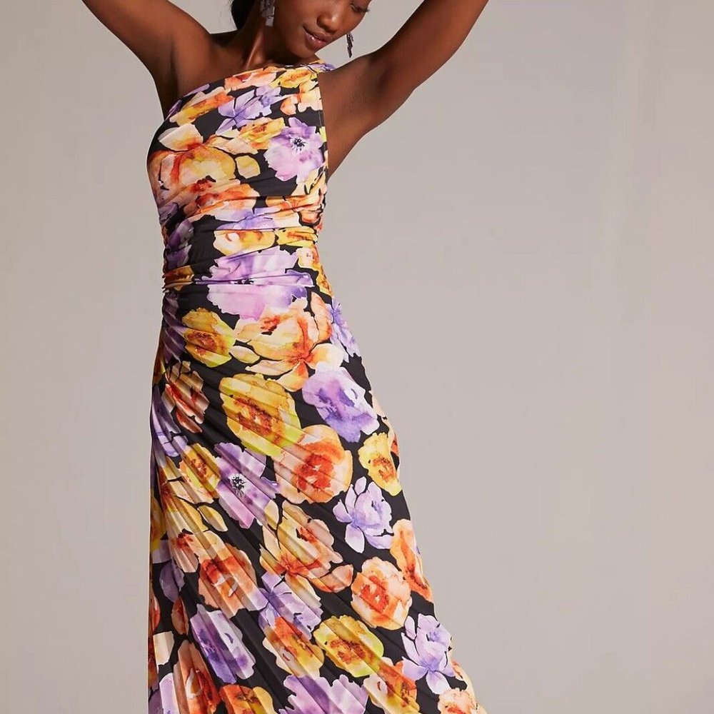 Anthropologie Geisha Designs Asymmetrical Hem Midi Dress Bold Floral, Sz XS NWT
